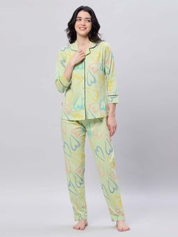 LOTIK - Women's Cotton Green Heart Printed Full Sleeve Nightsuit