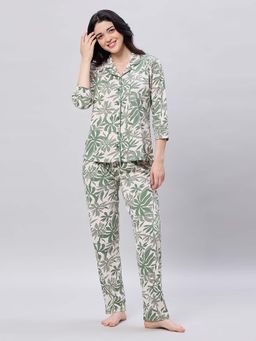 LOTIK - Women's Cotton Green Floral Printed Full Sleeve Nightsuit