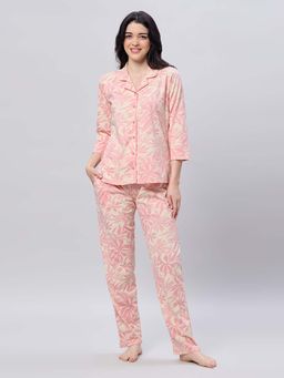 LOTIK - Women's Cotton Pink Floral Printed Full Sleeve Nightsuit