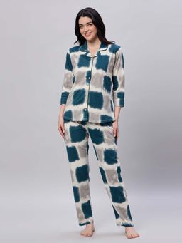 LOTIK - Women's Cotton Teal Colorblock Printed Full Sleeve Nightsuit