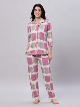 LOTIK - Women's Cotton Pink Colorblock Printed Full Sleeve Nightsuit
