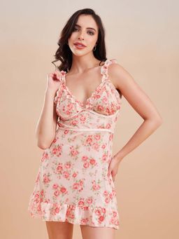 G Heist - Floral Printed Sheer Nightwear Baby Doll With Thong For Women - Pink