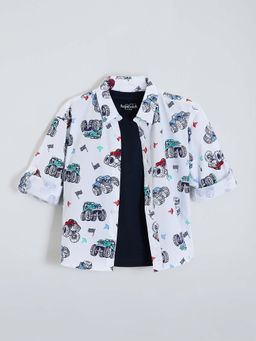 Hopscotch - Vehicle Print Cotton Shirt with Vest