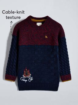 Hopscotch - Textured Colour block Embroidered Sweater