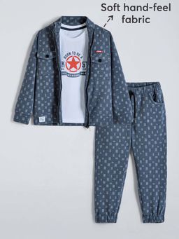 Hopscotch - Pure Cotton Textured Jogger With T-Shirt & Jacket