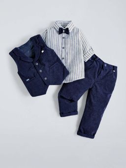 Hopscotch - Textured Navy Blue Striped Formal Shirt with Pant & Waistcoat Bow