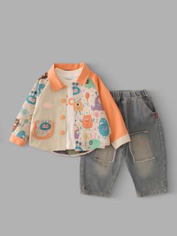 Hopscotch - Textured Collared Jeans With Shirt & T-Shirt