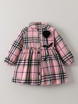 Hopscotch - Plaid Floral Applique Long Coat Dress