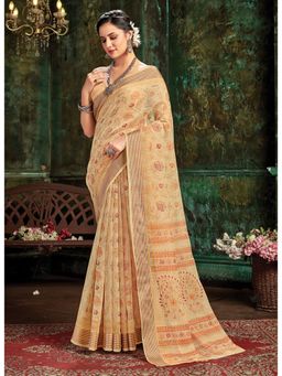 Sangam Prints - Cream Cotton Woven Work Traditional Saree with Unstitched Blouse