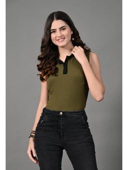 MYSHKA - Women Olive Polyester Shirt Collar Sleeveless Solid Top