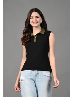 MYSHKA - Women Black Polyester Shirt Collar Sleeveless Solid Top