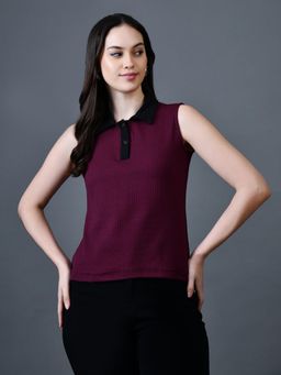 MYSHKA - Women Maroon Polyester Shirt Collar Sleeveless Solid Top