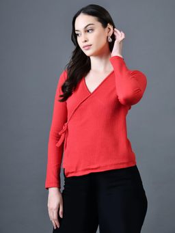 MYSHKA - Women Red Polyester V-Neck Long Sleeves Solid Top