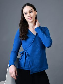 MYSHKA - Women Blue Polyester V-Neck Long Sleeves Solid Top