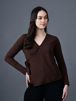 MYSHKA - Women Brown Polyester V-Neck Long Sleeves Solid Top