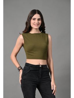 MYSHKA - Women Olive Polyester Round Neck Sleeveless Solid Top
