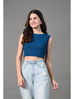 MYSHKA - Women Blue Polyester Round Neck Sleeveless Solid Top