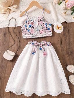 Oh Rare - Girly Floral Print Suspender Print Top Lace Skirt Set