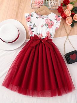 Oh Rare - Girls Printed Mesh Bowknot Cute Casual Dress