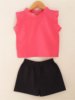 Woonie - Animal Print Puffed Sleeve Top with Shorts - Black (Set of 2)