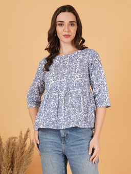 COTLAND FASHION - Women Blue Printed Work Cotton Tunic