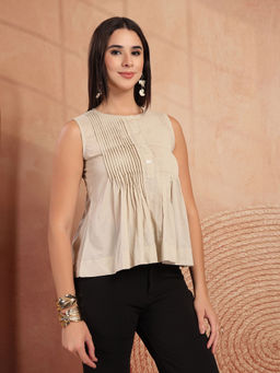 COTLAND FASHION - Women Cream Plain Work Cotton Top