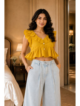 COTLAND FASHION - Women Mustard Plain Work Cotton Top