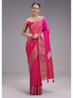 KALKI FASHION - Women Pink Bandhani Work Crepe Saree with Unstiched Blouse