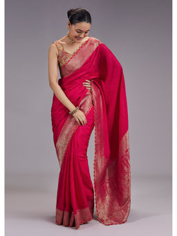 KALKI FASHION - Women Pink Zari Work Silk Blend Saree with Unstiched Blouse