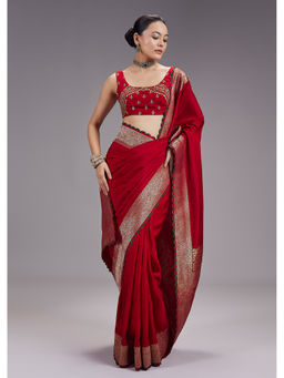 KALKI FASHION - Women Red Zari Work Silk Blend Saree with Unstiched Blouse