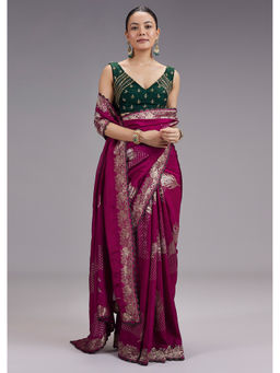 KALKI FASHION - Women Wine Zari Work Silk Blend Saree with Unstiched Blouse