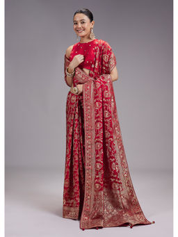 KALKI FASHION - Women Red Zari Work Silk Blend Saree with Unstiched Blouse