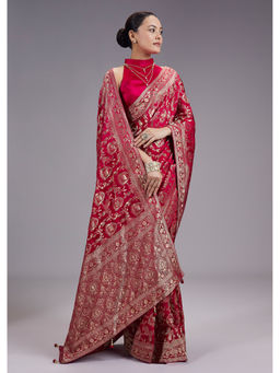 KALKI FASHION - Women Pink Zari Work Silk Blend Saree with Unstiched Blouse