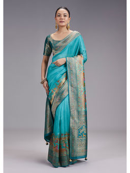 KALKI FASHION - Women Teal Zari Work Silk Blend Saree with Unstiched Blouse