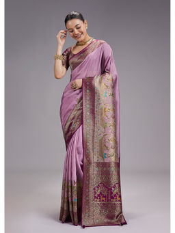 KALKI FASHION - Women Wine Zari Work Silk Blend Saree with Unstiched Blouse