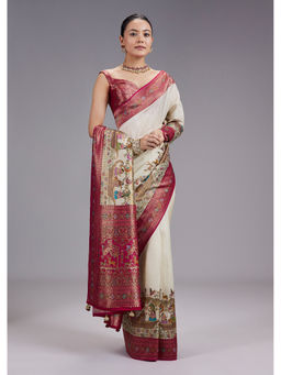 KALKI FASHION - Women Cream Zari Work Silk Blend Saree with Unstiched Blouse