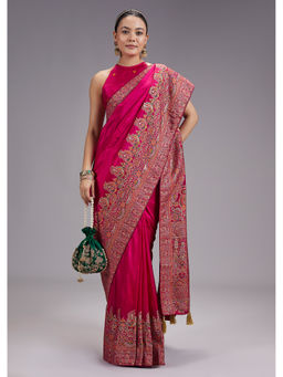 KALKI FASHION - Women Pink Zari Work Silk Blend Saree with Unstiched Blouse