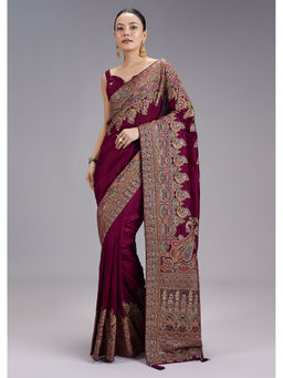 KALKI FASHION - Women Wine Zari Work Silk Blend Saree with Unstiched Blouse