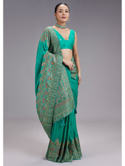 KALKI FASHION - Women Green Zari Work Silk Blend Saree with Unstiched Blouse