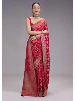 KALKI FASHION - Women Pink Zari Work Silk Blend Saree with Unstiched Blouse
