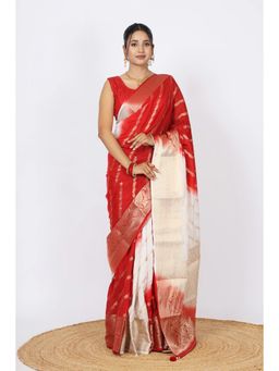 VGlame - Women Red Zari Work Viscose Saree with Unstiched Blouse