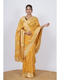 VGlame - Women Yellow Zari Work Viscose Saree with Unstiched Blouse