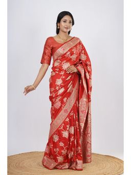 VGlame - Women Rust Zari Work Viscose Saree with Unstiched Blouse