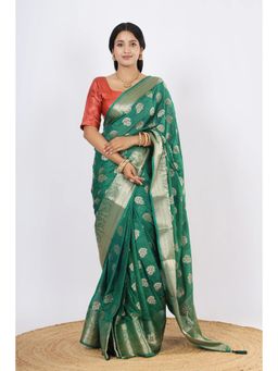 VGlame - Women Green Zari Work Viscose Saree with Unstiched Blouse