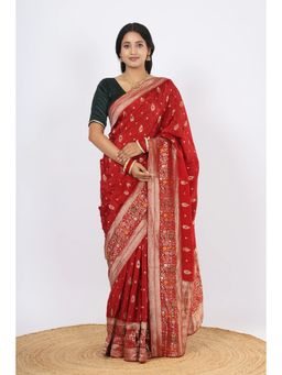 VGlame - Women Maroon Zari Work Viscose Saree with Unstiched Blouse