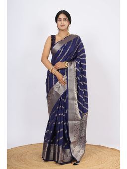 VGlame - Women Navy Blue Zari Work Viscose Saree with Unstiched Blouse
