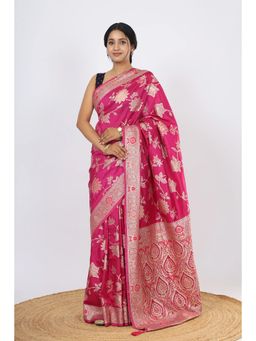 VGlame - Women Magenta Zari Work Viscose Saree with Unstiched Blouse