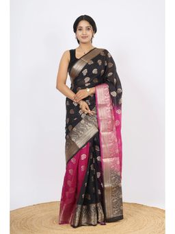 VGlame - Women Black Zari Work Viscose Saree with Unstiched Blouse