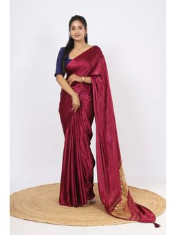 VGlame - Women Wine Zari Work Silk Saree with Unstiched Blouse