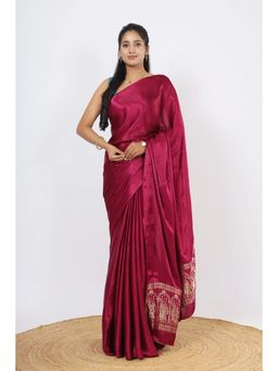 VGlame - Women Magenta Zari Work Silk Saree with Unstiched Blouse